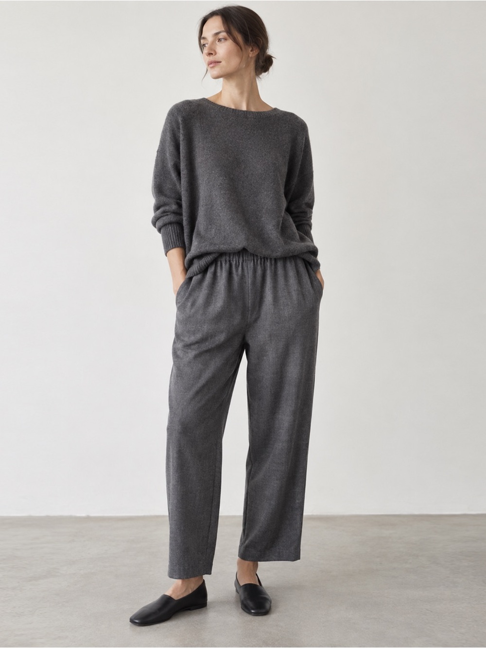 Eskandar - Wool Cashmere Pull-On Trousers Wide Leg Pants Made in England - Gray